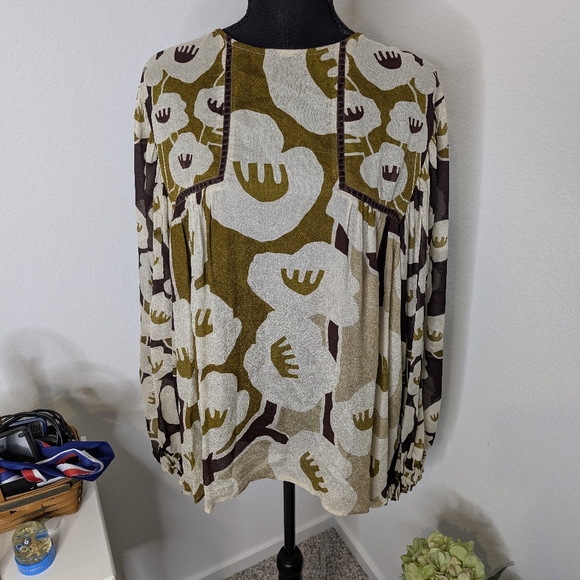 💘 Bl-nk London Anthropologie Miranda Floral Peasant Blouse Brown Green Large - Picture 2 of 6